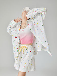 XIAODADEHUA | Spring Colored Embroidery Long Sleeve Shirt and Shorts Set Female