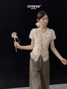 OUYANGXI | Áo Sơ Mi Cổ V Ruffle Voan Hồng