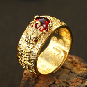 Gold Feng Shui Pixiu Ring with Red Gemstone Adjustable Amulet Jewelry