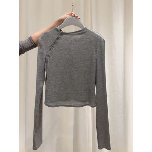 Retro Grey Half High Collar Slanted Button Long Sleeve Slim T-shirt