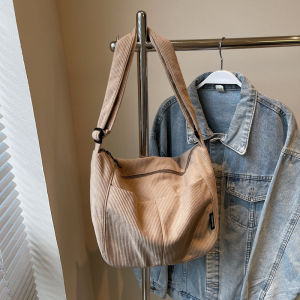 Chic Corduroy Shoulder Bag for Women Casual Commuter Style Large Size Soft Fabric Pure Color Trendy Tote Bag with Side Pocket