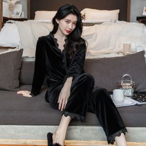 Womens Pajamas Sets Gold Velvet Sleepwear Long-sleeve Cardigan Set Female Homewear Loungewear