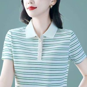 QIAOXIZI | Fashionable Short Sleeve Striped T-Shirt for Middle-aged Women