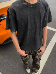 Black Washed Vintage Short Sleeve Mens T-shirt Summer Oversize Heavyweight American Retro Half Sleeve Breathable Polyester