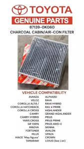 100"% Genuine AC Cabin Filter 87139-0K060 for 2016-Present Toyota Innova Fortuner Hilux (2016-2024) Corolla Cross & Hiace LEXUS