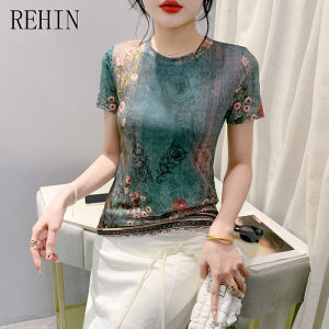 Rehin Áo thun ngắn tay in mẫu hình độc đáo thời trang mới mùa hè Áo cổ tròn nữ thanh lịch