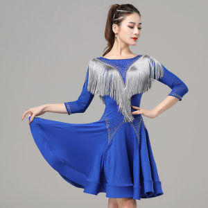 Váy Liền Điệu Nhảy Latin Váy Co Giãn Cho Nữ Trang Phục Viền Kim Cương Giả Tay Lửng Thi Đấu