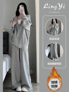 Womens Pure Cotton Sportswear Set Loose Fit Fashionable Sweatshirt Casual Two-Piece Set for Running Autumn Winter Korean Style