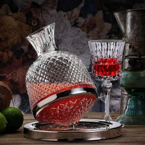 JustLiving Wine Decanter - Spinning Crystal Red Wine Decanter Carafes Jarler 1.5L Rotating Hand Blown Crystal Glass Wine decanter with Aerator Quick Wake Up