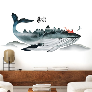 Decal giấy dán tường Cá voi thủy mặc Có keo sẵn - Trang trí không gian theo phong cách Á Đông