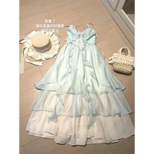 Váy Dài Không Tay Hở Lưng Thắt Lưng Phong Cách Mùa Hè 2025 Váy Midi Cạp Cao Bằng Vải Polyester Cổ Chữ V Không Tay