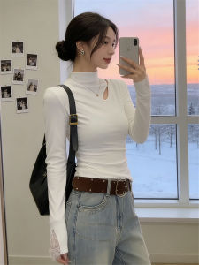 Warming Semi-high Collar Hollow-out Brushed Fabric Long Sleeve Top Womens Undershirt for Spring 2026