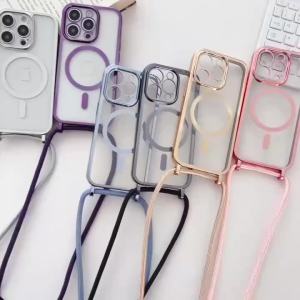 Luxury Necklace Cord Rope Lanyard Plating for Magsafe Magnetic Clear Case for IPhone Air 17 13 12 Pro Max 16 15 14 Plus Cover