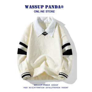 Wassup Panda Casual Loose Mens Knitwear Shirt Collar Sweater Autumn Winter Fashion Brand College Style Polyester Fiber