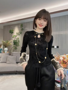 New Chinese Style Hanfu Renovated Cheongsam Velvet Base Shirt Womens Spring Autumn Black Elegant Inner Wear Slim Fit Top