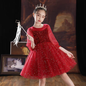 Elegant Red New Year Princess Dress for Girls Large Size Ball Gown Wedding Dress Tulle Skirt Piano Performance Costume