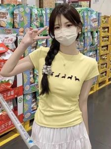 American Style Short Sleeve Yellow T-Shirt Womens Fashionable Slim Fit Waist-Cut Short Top round Neck Summer Cotton Tee