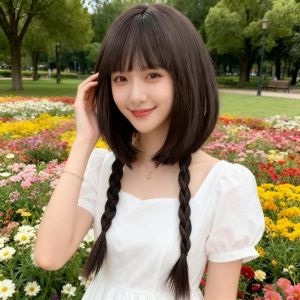 Wig Female Long Straight Hair Double Ponytail Summer Student Simulation Jellyfish Head Ji Hair Black Long Straight Hair Twist Braid Headgear