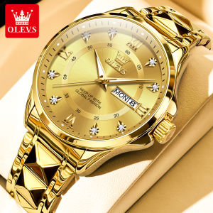 (1 Year Warranty) OLEVS Mens Original Waterproof Watch Gold Watch Quartz Stainless Steel Strap Calendar Luminous Business Style