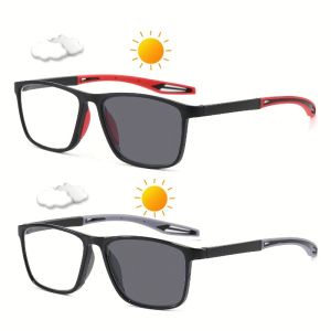 2PCS Reading Glasses Photochromic Classic Square Far Sight Presbyopic Glasses Anti Blue Light Blocking Ultralight Eyewear