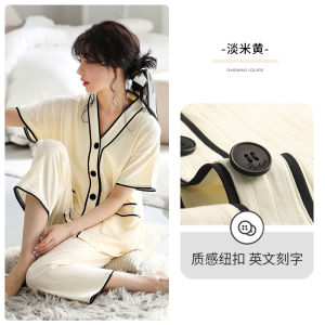 Pure Cotton Summer Thin Short Sleeve Pants Sleepwear Set for Women V-Neck Button Decor Casual Home Style Comfortable Loose Fit