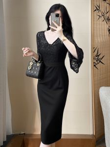 SUYE | Lace Splice V-Neck Fashion Slimming Dress Long Sleeve