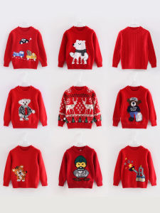 Boys Cashmere Knitted Long Sleeve round Neck Pullover Sweater Cartoon Design Soft Comfortable Wool Blend Baby Knitwear Red
