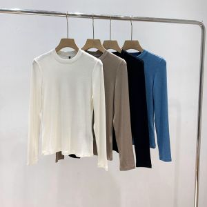 Silk Wool Blend Long Sleeve round Neck Elastic Base Shirt Womens T-shirt Soft Breathable Slim Fit Commute Style Pure Color