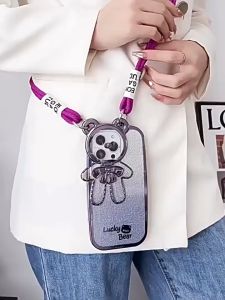 Luxury 3D Cute Glitter Bear Flip Lens Lanyard Phone Case for Iphone 15 14 13 12 11 Pro Xs Max XR X 7 8 Plus Soft Silicone Shockproof Back Cover