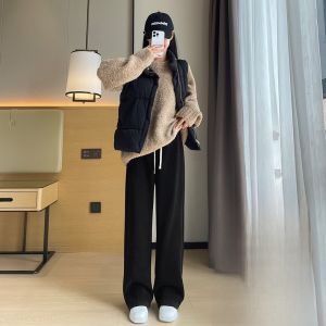 LANGPIN | Slimming High Waist Wide Leg Pants Womens Autumn Winter Long Version Integrated Fleece Banana Pants Casual Trousers