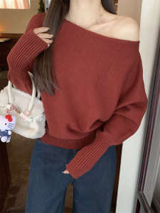 Loose One-Shoulder Bony Knitwear Womens Winter Lazy Pure Desire Base Layer Inner Wear Top Korean Style Long Sleeve Crew Neck