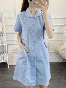 NanDingGe แขนสั้นผู้หญิงชุดพยาบาลฤดูร้อนบางตุ๊กตาคอผ้าฝ้ายสีฟ้าเสื้อผ้าทํางานสําหรับ Pet Shop Internship