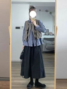 Early Spring Black A-Line Mini Midi Skirt Japanese Style High Waist Slimming Pleated Cotton Polyester Blend Wave Pattern