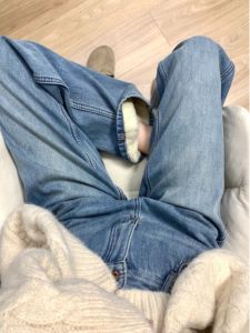 Quần Jeans Ống Rộng Lót Lông Cừu Cao Cấp Cạp Cao Cho Nữ Mùa Thu Đông Quần Dài Dài Đến Sàn Kiểu Dáng Thẳng Phong Cách Mỹ Cổ Điển