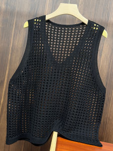 Large Size Thin Hollow out Knitted Linen Vest Womens Summer Fashion Casual Loose V-Neck Tank Top Casual Outerwear