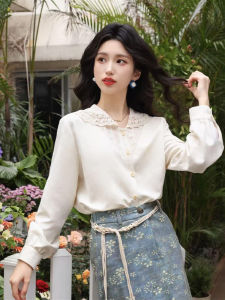 Retro Hong Kong Style Lace Patchwork Womens Shirt Early Autumn New Popular Turn-down Collar High-end Feeling Top