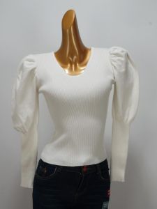 สลิมฟิต คอวีแขนยาว เสื้อผ้าถัก ฝรั่งเศส พลีท แขนฟอง เสื้อท่อนบน ทันสมัย ชั้นฐาน เสื้อผ้าผู้หญิง ฤดูใบไม้ผลิ ฤดูใบไม้ร่วง รูปแบบใหม่