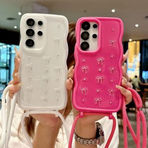 Wave Soft Silicone Bowknot Hang Lanyard Case For Samsung S25 S24 Ultra Plus A36 A26 A16 A06 A55 A35 A25 A15 Wrist Strap Cover