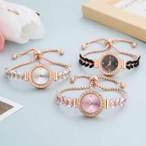 New fashion leaf diamond round ladies watch pull-out free adjustable bracelet watch womens quartz watch⚡PH deliveryIn stock⚡