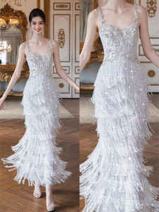 Heavy Embroidery Sequins Evening Dress Special Interest Light Luxury Temperament Camisole Tassel Dress Bride Engagement Banquet Host Dress