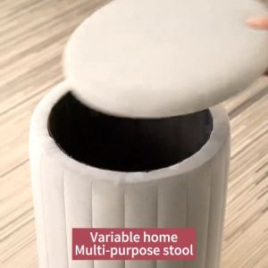 Beige and White Makeup Chair Storage Stool High-Grade Round Plush Chenille Comfortable Hypo-allergenic Design