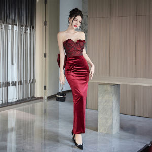 Wine Red Retro New Chinese Style Tube Top Morning Gowns Female Bride Wedding Evening Gown Niche Style Light Yarn Evening Dress Dress