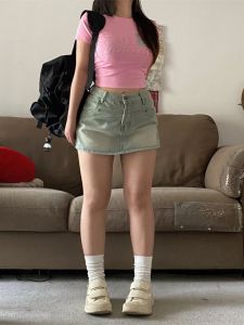 Váy Ngắn Denim Cạp Cao Phong Cách Y2K Cho Nữ Mùa Hè Cỡ Lớn Váy Ngắn Ôm Sát Tạo Hiệu Ứng Thon Gọn