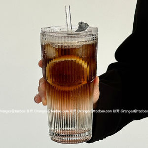 Large Capacity Glass Cup with Lid And Straw Vertical Stripe Retro Orange Water Cup Ice Coffee Drink Cup Vintage Style round Shape