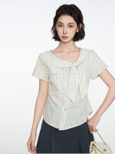 QIAOJIAOYA | Áo Blouse Slim-fit Tay Ngắn Cổ Nơ Carô