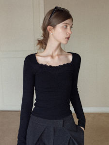 Eggka Black Lace Trim Slim Fit Short Sleeve Long Sleeve T-Shirt Womens Collar Gentle Sensitivity High Intelligence Perception