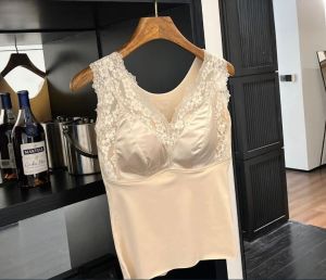 เสื้อกั๊กผ้าลูกไม้หรูหราแบบมีแผ่นรองหน้าอกสำหรับผู้หญิง เสื้อกั๊กแขนกุดคอวี ทรงเข้ารูป ไม่มีแบรนด์ ฤดูใบไม้ร่วง 2024