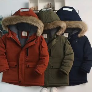 Áo parka bé trai lót nỉ túi hộp xuất khẩu Áo khoác cho bé 5-14 tuổi mũ vành lông và phối màu thời trang khỏe khoắn