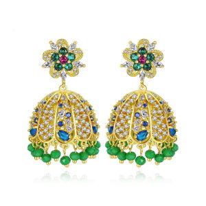 SEQUITO Retro ผู้หญิงเครื่องประดับโบฮีเมียน Shining Zircon ดอกไม้ Drop Connect สีเหลืองทองชุบ Hollow Bell Dangle ลูกปัดสีเขียวพู่ต่างหู SE618