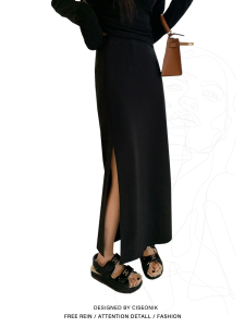 High Waist Long Tailored Black Asymmetrical Skirt for plus Size Women Pear Shape Body Slimming Midi Skirt Spring Summer